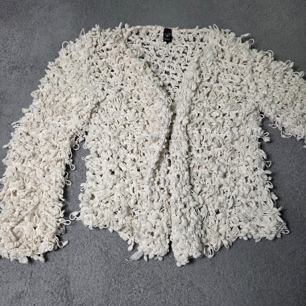 Windsor Womens M/L Cardigan Cream Popcorn Knit Open Front ECS7036 Textured Boho